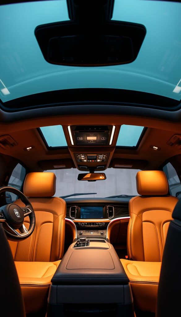 A high-quality, meticulously crafted Lincoln Navigator in an elegant Black Label trim. The interior showcases exquisite attention to detail, with supple leather upholstery, hand-stitched accents, and gleaming metal trim. Soft ambient lighting bathes the cabin, casting a warm, refined glow. The dashboard displays a sleek, minimalist design, with precision-engineered controls and a large, high-resolution display. Through the panoramic windshield, the exterior sports a bold, commanding presence, with a striking black grille and sculpted bodywork that exudes sophistication and power. This is the embodiment of Lincoln's uncompromising commitment to craftsmanship and design.