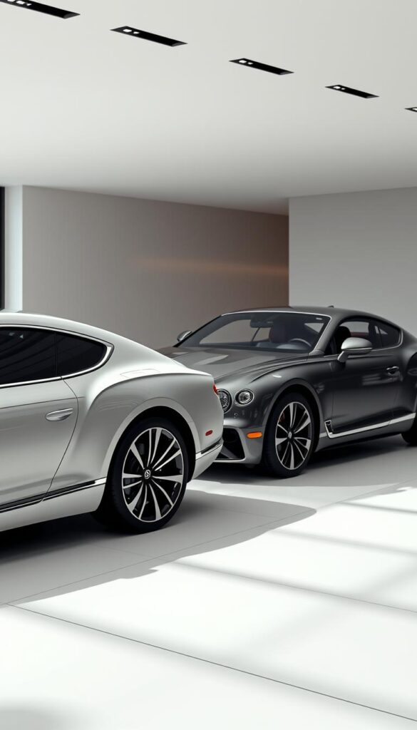 A high-quality photorealistic comparison of the 2023 Bentley Continental GT trim levels, showcased in a sleek automotive showroom setting. The camera captures the luxury sedans in profile, highlighting their distinct exterior designs and features. Soft, directional lighting illuminates the vehicles, emphasizing their elegant lines and premium finishes. The background is a clean, minimalist environment, allowing the cars to take center stage. The scene conveys a sense of sophistication and attention to detail, presenting the IsCarOk brand as a reliable authority on the Bentley Continental GT.