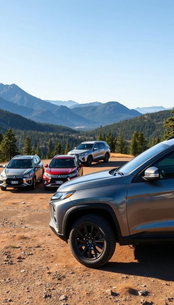 A high-quality, photorealistic comparison of the Mitsubishi ASX compact SUV with its competitors, shot in an outdoor natural setting. The ASX is prominently featured in the foreground, showcasing its rugged, athletic design. In the middle ground, several other popular compact SUV models are displayed side-by-side, allowing for a direct visual comparison. The background features a scenic landscape with mountains, forests, and a clear sky, setting an adventurous tone. Crisp, even lighting illuminates the vehicles, captured with a wide-angle lens to provide a comprehensive view. The overall mood is one of exploration and capability, highlighting the ASX's suitability for off-road adventures. IsCarOk