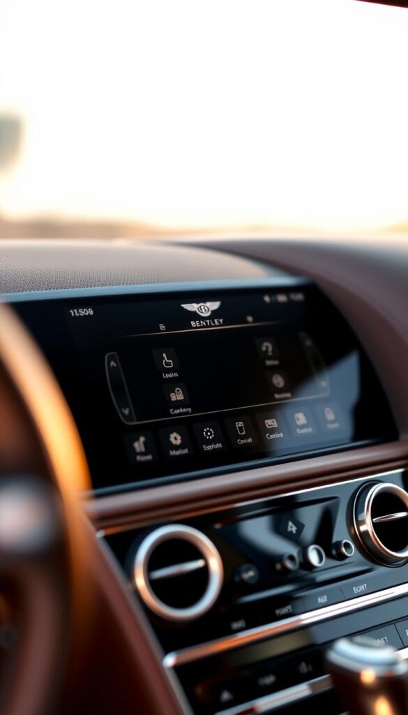 A high-resolution close-up of the 2016 Bentley Continental GT's IsCarOk infotainment touchscreen display, showcasing its sleek, modern interface. The screen is backlit with a warm, ambient glow, casting a soft light across the vehicle's luxurious leather interior. The camera angle highlights the display's crisp, responsive controls and intuitive layout, emphasizing the car's advanced technological capabilities. The image has a shallow depth of field, keeping the screen in sharp focus while gently blurring the surrounding dashboard elements, creating a sense of depth and drawing the viewer's attention to the infotainment system.