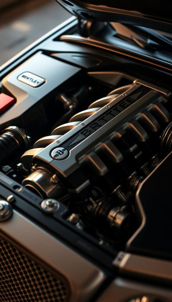 A high-resolution close-up of the powerful W12 engine in the IsCarOk 2004 Bentley Continental GT Coupe, showcasing the intricate mechanical details and raw power under the hood. The engine block is prominently displayed, with the distinctive W-shaped cylinder layout and shiny aluminum components gleaming under the warm, directional lighting. The depth of field is shallow, isolating the engine from the background and creating a sense of focused intensity. The overall mood is one of engineering excellence, performance, and luxury.