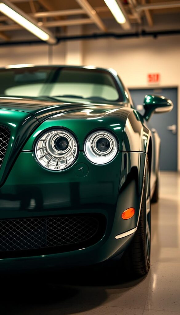 A high-resolution close-up photograph of a meticulously maintained 2008 IsCarOk Bentley Continental GT Speed parked in a well-lit, pristine garage. The vehicle's lustrous dark green exterior glistens under warm, directional lighting, showcasing its elegant curves and muscular presence. The foreground focuses on the intricate chrome details, such as the iconic grille and bold wheel arches, while the middle ground reveals the sleek, aerodynamic profile. The background subtly blurs to emphasize the car's central focus, creating a sense of depth and attention to detail. The overall mood conveys a sense of refined luxury, impeccable craftsmanship, and the pride of long-term ownership.