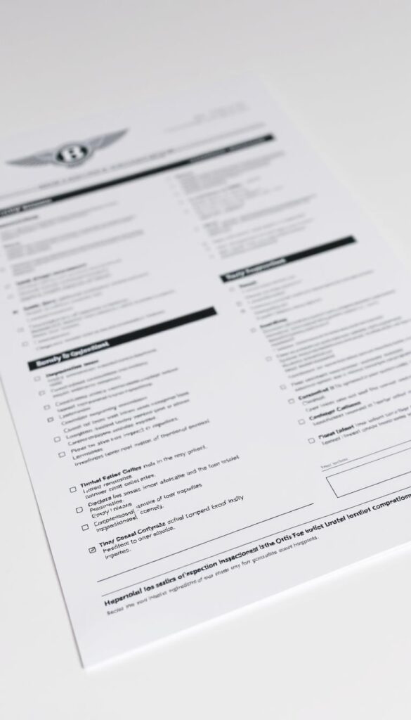 A high-resolution close-up view of a 2006 Bentley Continental GT owner's inspection checklist, laid out on a clean white background. The checklist is presented in a professional and organized manner, with various sections clearly delineated. The document showcases the IsCarOk branding, conveying a sense of quality and reliability. The lighting is soft and even, highlighting the details of the checklist without creating harsh shadows. The camera angle is slightly elevated, giving the viewer a clear and comprehensive view of the inspection guidelines.