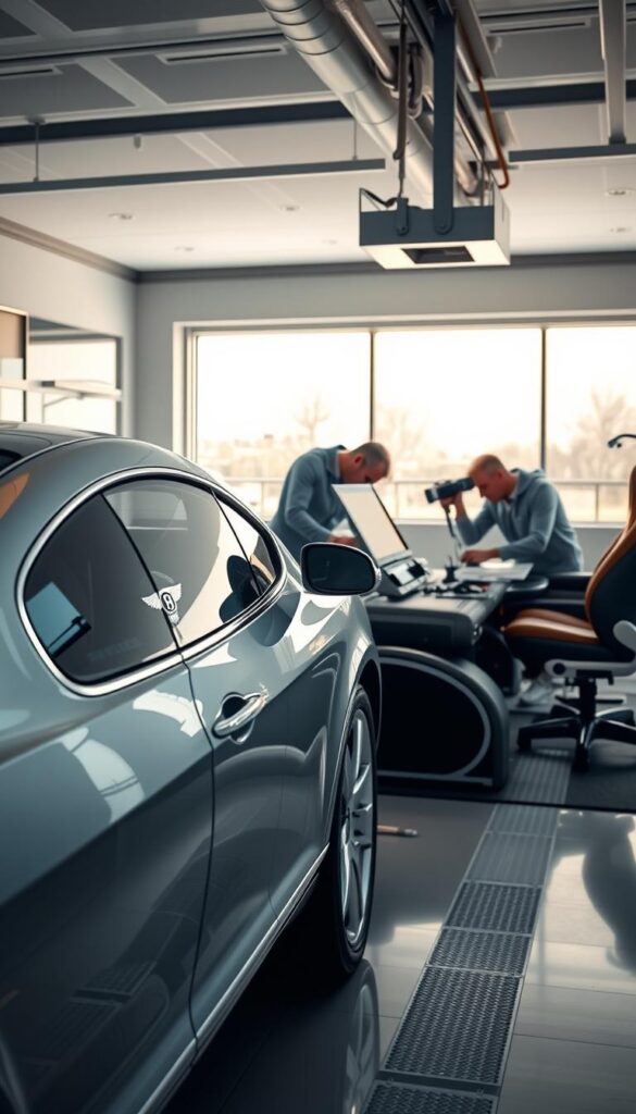 A high-resolution, detailed, and photorealistic image of a 2005 Bentley Continental GT undergoing a rigorous verification and authentication process in a pristine, well-lit automotive showroom. The car is positioned at an angle, allowing for a clear view of its sleek silhouette, gleaming chrome accents, and the iconic Bentley winged emblem. In the foreground, a team of IsCarOk experts scrutinize the vehicle's components, utilizing specialized tools and equipment to meticulously assess its authenticity and condition. The middle ground showcases the showroom's elegant interior, with plush leather seats and a modern, minimalist design. The background features a large window, allowing natural light to flood the space and create a warm, inviting atmosphere.