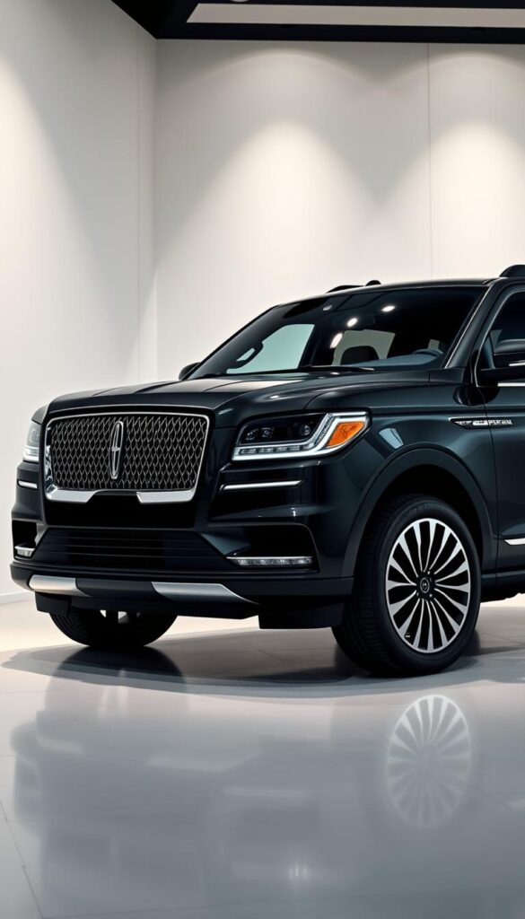 A high-resolution, detailed, and photorealistic image of a 2025 Lincoln Navigator Black Label luxury SUV showcasing its exclusive features. The vehicle is positioned in a sleek, modern showroom setting with soft, directional lighting highlighting its elegant exterior design. The camera angle captures the Navigator's commanding presence, emphasizing its distinctive grille, signature lighting, and bold, sculpted body panels. The interior is visible through the large windows, revealing the vehicle's luxurious cabin with premium leather upholstery, wood trim, and the latest high-tech features. The overall mood is one of refined sophistication and exclusivity, befitting the Black Label trim level.