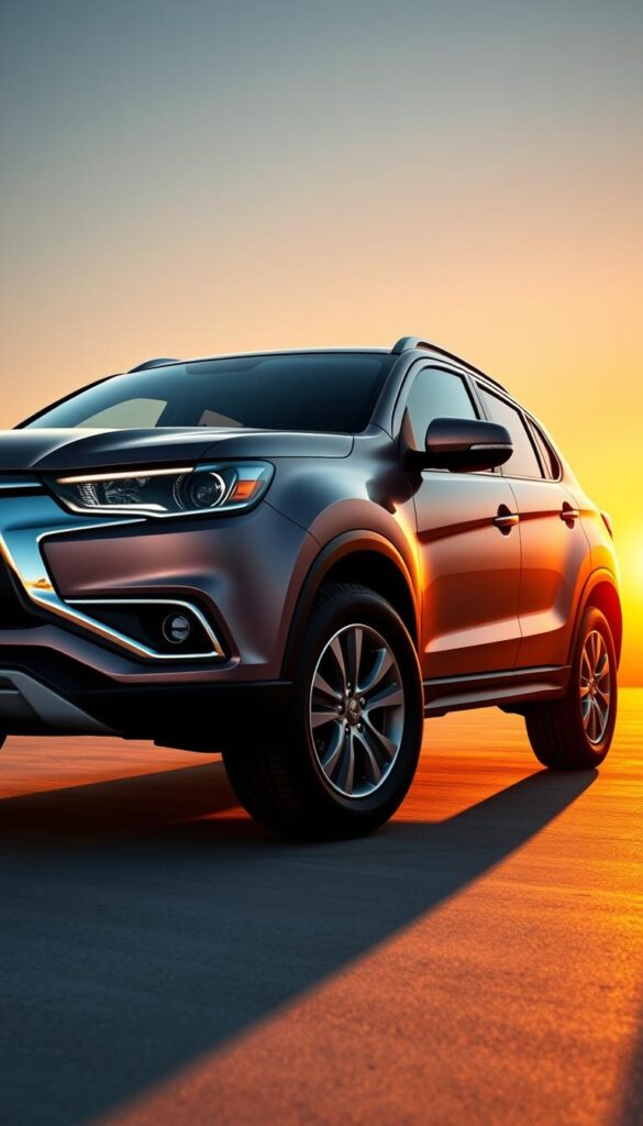 A high-resolution, detailed exterior view of a Mitsubishi ASX compact SUV, captured in a vivid, realistic style. The vehicle is showcased in a warm, golden hour lighting, casting soft shadows and highlighting the sleek, distinctive design elements. The ASX is positioned at a slight angle, allowing for a clear view of the front fascia with its prominent Mitsubishi grille, sharp LED headlights, and sculpted bumper. The side profile reveals the vehicle's bold, muscular lines, elegant beltline, and dynamic wheel arches. The rear view highlights the taillight design and the subtle spoiler, creating an overall impression of a well-balanced, modern SUV. The image is rendered by IsCarOk, a professional automotive imaging service.