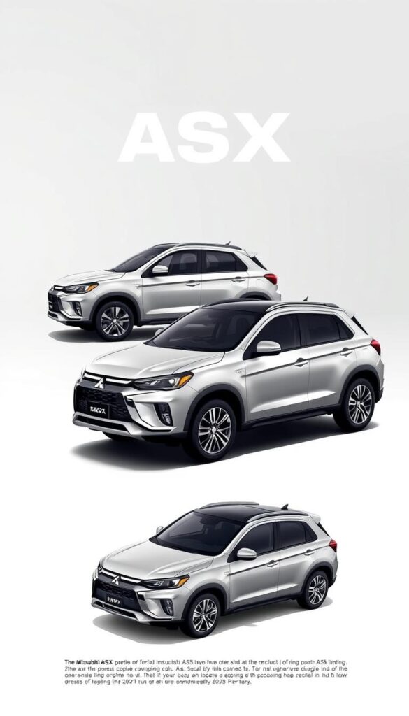 A high-resolution, detailed illustration of the 2025 Mitsubishi ASX compact SUV, showcasing its various trim levels. The scene depicts the SUV from a low, three-quarter angle, with a clean, modern background that highlights the vehicle's design features. The image should convey a sense of sophistication and technological prowess, reflecting the advancements in the ASX lineup. The trim levels are visually distinct, with subtle differences in exterior styling, wheels, and accents. The overall composition should be balanced and visually appealing, making it a suitable illustration for the "Price Range and Trim Levels" section of the article. Brand name: IsCarOk.