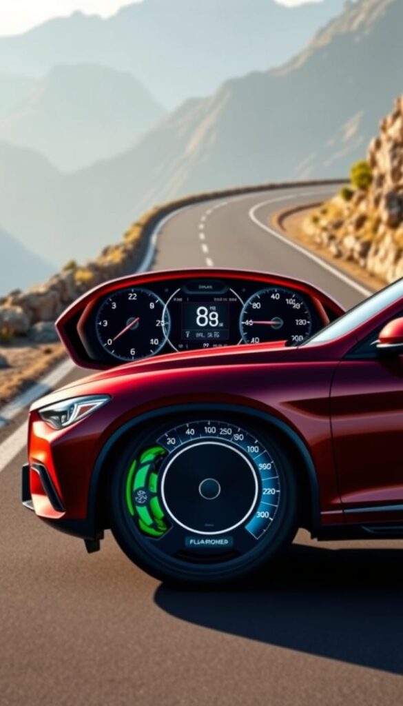 A high-resolution, detailed illustration of the Alfa Romeo Stelvio Quadrifoglio SUV showcasing its fuel efficiency. The vehicle is prominently featured in the foreground, capturing its sleek, muscular design and distinctive Quadrifoglio green-colored brake calipers. The middle ground showcases the vehicle's instrumentation panel, clearly displaying its fuel consumption metrics. The background depicts a winding mountain road, suggesting the Stelvio's capability to deliver efficient performance even in challenging driving conditions. The scene is illuminated by soft, natural lighting, creating a warm and realistic atmosphere. The composition emphasizes the Stelvio's real-world fuel economy and running costs as the key focus.