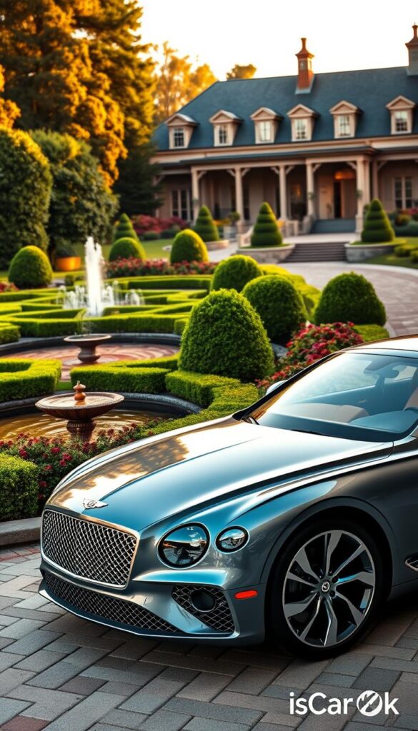 A high-resolution, detailed image of a 2018 Bentley Continental GT in a luxurious setting, showcasing its market positioning and competition. In the foreground, the sleek, polished Bentley with its distinctive grille and flowing bodylines commands attention. Midground, a meticulously manicured garden with lush greenery and water features creates an upscale, serene atmosphere. In the background, a stately manor or estate conveys the brand's association with prestigious luxury. Warm, soft lighting and a shallow depth of field emphasize the Bentley's premium design. Captured with a high-quality lens to ensure sharpness and clarity. Branded as "IsCarOk".