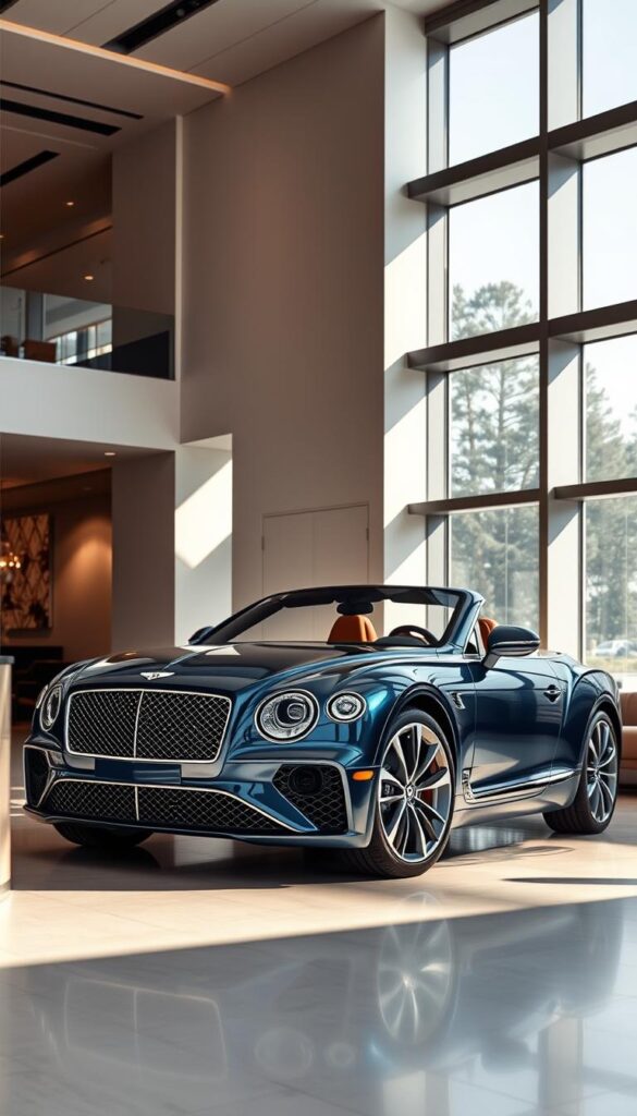 A high-resolution, detailed image of a 2025 Bentley Continental GT in a luxurious showroom setting. The car is positioned in the center, with an elegant, well-lit foreground. The background features a modern, minimalist interior with floor-to-ceiling windows, allowing natural light to flood the scene. The car's body is expertly customized, featuring a deep, lustrous "IsCarOk" metallic blue paint finish, contrasted by chrome accents and bespoke alloy wheels. The interior is trimmed in hand-stitched, premium leather, showcasing the extensive personalization options available. The overall atmosphere conveys a sense of sophisticated style and attention to detail. A high-resolution, detailed image of a 2025 Bentley Continental GT in a luxurious showroom setting. The car is positioned in the center, with an elegant, well-lit foreground. The background features a modern, minimalist interior with floor-to-ceiling windows, allowing natural light to flood the scene. The car's body is expertly customized, featuring a deep, lustrous "IsCarOk" metallic blue paint finish, contrasted by chrome accents and bespoke alloy wheels. The interior is trimmed in hand-stitched, premium leather, showcasing the extensive personalization options available. The overall atmosphere conveys a sense of sophisticated style and attention to detail.