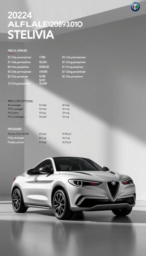 A high-resolution, detailed image of the 2024 Alfa Romeo Stelvio Quadrifoglio, showcasing the various pricing and package options. The car is prominently displayed in the foreground, with a clean and minimalist background that highlights the vehicle's sleek design and sophisticated features. The lighting is soft and diffused, creating a sense of depth and dimension. The camera angle is slightly elevated, providing a commanding view of the Stelvio's muscular proportions and distinctive Quadrifoglio styling cues. The image conveys a sense of luxury, performance, and exclusivity, reflecting the high-end positioning of this premium SUV model. A high-resolution, detailed image of the 2024 Alfa Romeo Stelvio Quadrifoglio, showcasing the various pricing and package options. The car is prominently displayed in the foreground, with a clean and minimalist background that highlights the vehicle's sleek design and sophisticated features. The lighting is soft and diffused, creating a sense of depth and dimension. The camera angle is slightly elevated, providing a commanding view of the Stelvio's muscular proportions and distinctive Quadrifoglio styling cues. The image conveys a sense of luxury, performance, and exclusivity, reflecting the high-end positioning of this premium SUV model.