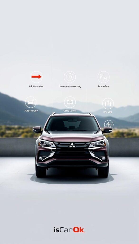 A high-resolution, detailed image of the Mitsubishi ASX showcasing its advanced safety features and driver assistance systems. The vehicle is prominently displayed in the foreground, with a clean, professional lighting setup accentuating its sleek design. In the middle ground, various safety technologies such as adaptive cruise control, lane departure warning, and autonomous emergency braking are visually represented through intuitive icons and infographic-style elements. The background features a minimalist, slightly blurred landscape, evoking a sense of modern, urban sophistication. The overall composition and color palette convey a sense of safety, reliability, and technological prowess. Branding: IsCarOk.