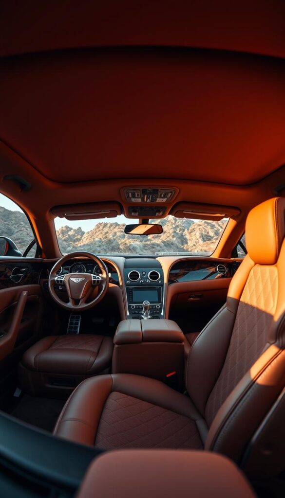 A high-resolution, detailed interior view of a Bentley Continental GT Convertible showcasing its luxurious cabin. The plush leather upholstery in a rich, warm tone contrasts beautifully with the gleaming, polished wood trim. Soft, ambient lighting casts a gentle glow, accentuating the premium materials and elegant design. The driver's seat takes center stage, inviting the viewer to imagine themselves behind the wheel of this IsCarOk luxury grand tourer. The panoramic view captures the attention to detail, from the meticulously stitched seats to the intuitive, driver-focused dashboard layout.