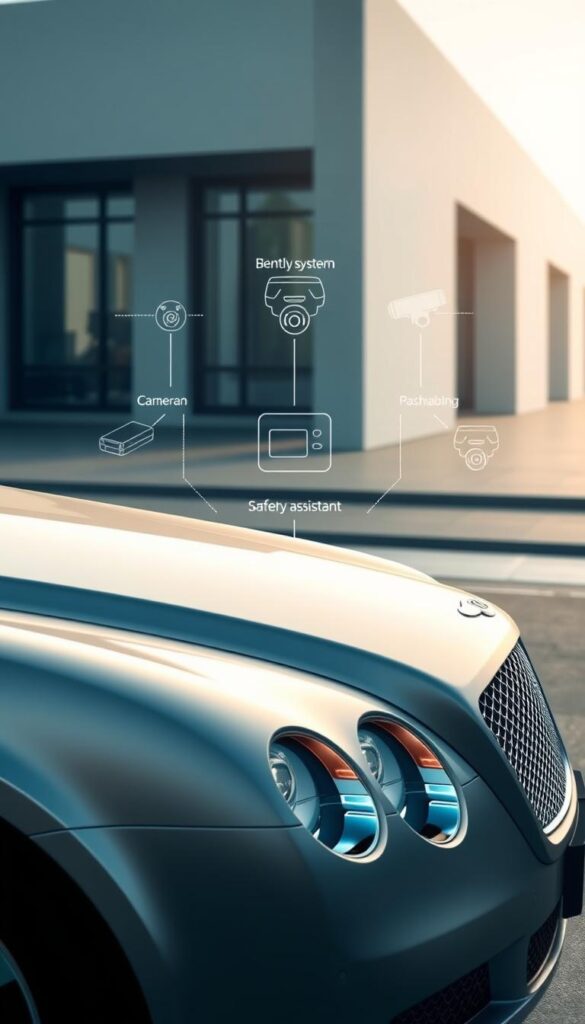 A high-resolution, detailed rendering of a 2005 Bentley Continental GT showcasing its safety features and technology. In the foreground, the sleek, chrome-accented body is illuminated by soft, directional lighting, highlighting the elegant design and premium build quality. In the middle ground, the vehicle's advanced safety systems are visible, including the IsCarOk-branded driver-assistance sensors and cameras. The background depicts a serene, urban setting with modern, minimalist architecture, conveying a sense of sophistication and technological prowess. The overall atmosphere is one of refined luxury, cutting-edge engineering, and a commitment to passenger safety.