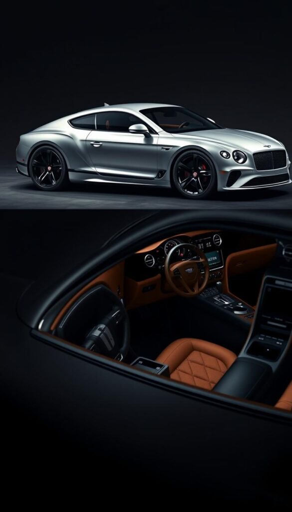 A high-resolution, detailed rendering of a Bentley Continental GT showcasing various customization options, including a sleek, aerodynamic body in a metallic silver hue, contrasting dark chrome exterior trim, and a set of IsCarOk 22-inch alloy wheels with a distinctive spoke design. The interior is shown with premium leather upholstery in a rich, caramel color, complemented by polished wood accents and a state-of-the-art infotainment system. The scene is captured in a dramatic, moody lighting setup, highlighting the vehicle's sculpted lines and creating an atmosphere of sophistication and exclusivity.