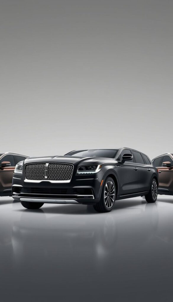A high-resolution, highly detailed, and photorealistic image of the 2025 Lincoln Navigator trim levels, showcasing the exterior and interior design features of each variant. The image should be captured from a dynamic angle, with a focus on the front three-quarter view, highlighting the distinctive grille, sleek headlights, and sculpted bodywork. The middle ground should feature the various trim levels, such as the Standard, Reserve, and Black Label, each with unique wheel designs, badging, and color options. The background should be a neutral, studio-style setting, with subtle reflections and shadows to emphasize the luxury and craftsmanship of the Lincoln Navigator. The overall mood should convey a sense of refinement, power, and sophistication.
