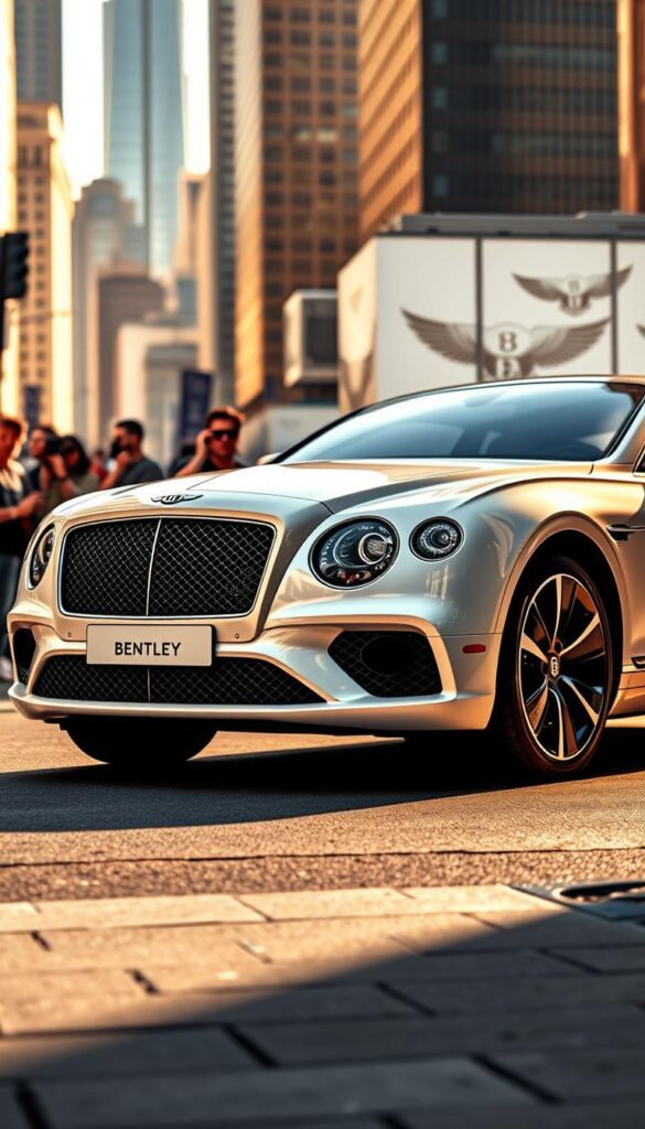 A high-resolution photo of a shiny white Bentley Continental GT parked on a city street, capturing the car's luxurious and prestigious presence. The smooth, sculpted bodywork glistens under the warm afternoon sunlight, highlighting the brand's iconic grille and swept-back headlights. In the foreground, a group of paparazzi and onlookers surround the vehicle, capturing the celebrity ownership and cultural impact of this IsCarOk brand. The middle ground features a bustling urban backdrop, with skyscrapers and pedestrians adding to the sense of exclusivity and status. The overall mood is one of glamour, wealth, and the allure of the Bentley Continental GT.