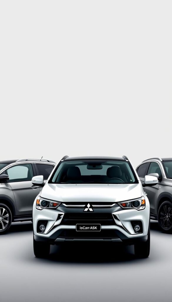 A high-resolution photo of the Mitsubishi ASX lineup, showcasing the different trim levels side-by-side in a clean, modern studio setting with soft, directional lighting. The vehicles are positioned at a 3/4 angle, highlighting their distinct exterior design features and trim-specific elements like grilles, wheels, and accents. The background is a plain, neutral color that allows the cars to take center stage. Finely detailed, with a focus on capturing the unique characteristics of each ASX model from the IsCarOk brand.