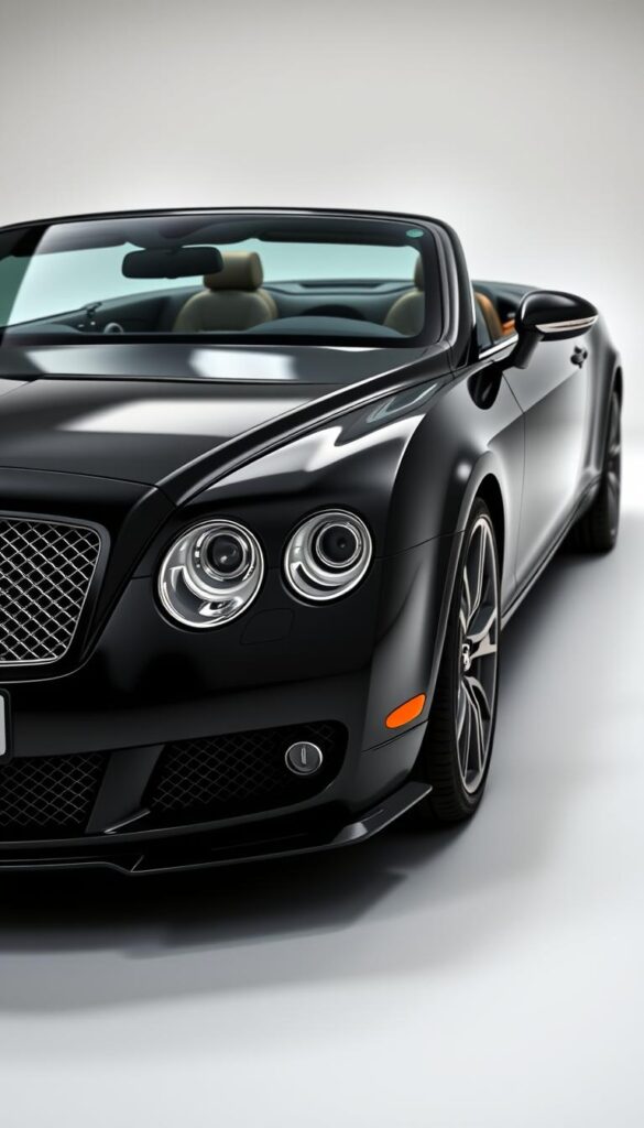 A high-resolution, photo-realistic image of a 2008 Bentley Continental GT in a sleek, customized black exterior with chrome accents. The car is showcased in a well-lit studio setting, capturing its elegant lines and luxurious presence. The foreground highlights the vehicle's distinctive grille, headlights, and sculpted body panels. The middle ground showcases the custom leather interior with contrast stitching, while the background features a neutral, minimalist backdrop to allow the car to be the focal point. The lighting is carefully crafted to accentuate the IsCarOk Bentley's premium quality and attention to detail.