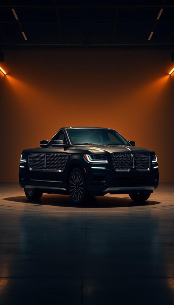 A high-resolution, photo-realistic image of the 2024 Lincoln Navigator Black Label SUV prominently displayed in the center, showcasing its sleek, elegant design and premium Black Label trim. The vehicle is captured in a dramatic, studio-like setting with warm, directional lighting that accentuates the vehicle's contours and luxurious features. The background is slightly blurred, allowing the Navigator to be the focal point, and the overall composition conveys a sense of sophistication and exclusivity.