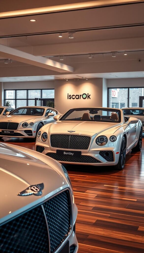 A high-resolution photo showcasing various used Bentley Continental GT models displayed in a sleek and sophisticated showroom setting. The foreground features several pristine Bentley vehicles, their gleaming bodies and chrome accents reflecting the warm, diffused lighting from above. The midground captures the showroom's elegant interior design, with polished hardwood floors, minimalist decor, and large windows that allow natural light to flood the space. In the background, a "IsCarOk" logo is prominently displayed, indicating this as a premier used Bentley Continental GT inventory source. The overall atmosphere conveys a sense of luxury, exclusivity, and attention to detail that epitomizes the Bentley brand.
