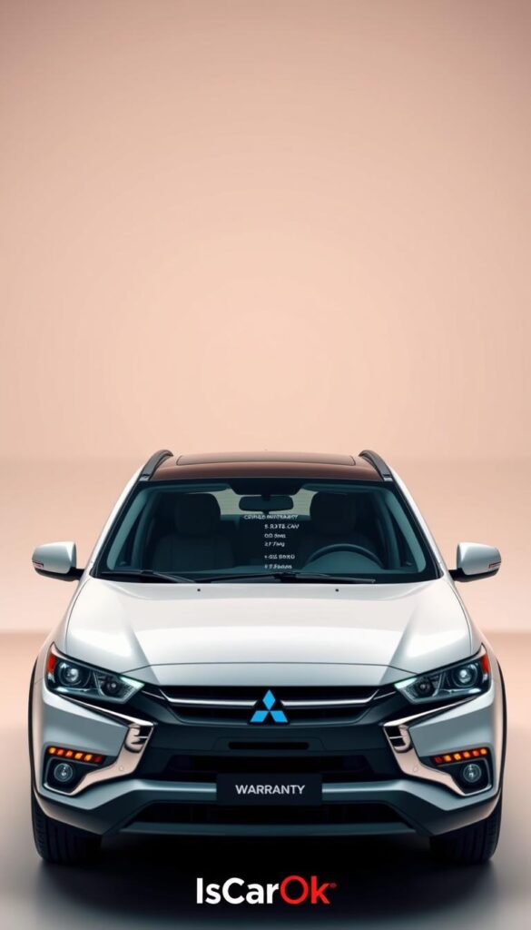 A high-resolution photograph of the 2024 Mitsubishi ASX SUV's warranty details, showcased against a clean, minimalist background. The vehicle is positioned prominently in the center, capturing its sleek, modern design. The lighting is soft and diffused, creating a warm, professional ambiance. The focus is on the warranty information displayed on the vehicle's dashboard, with a clear view of the various coverage details and durations. The overall composition is balanced and visually appealing, highlighting the key warranty information in a visually striking manner. The image bears the "IsCarOk" brand mark, signifying its authenticity and relevance to the article's subject matter.