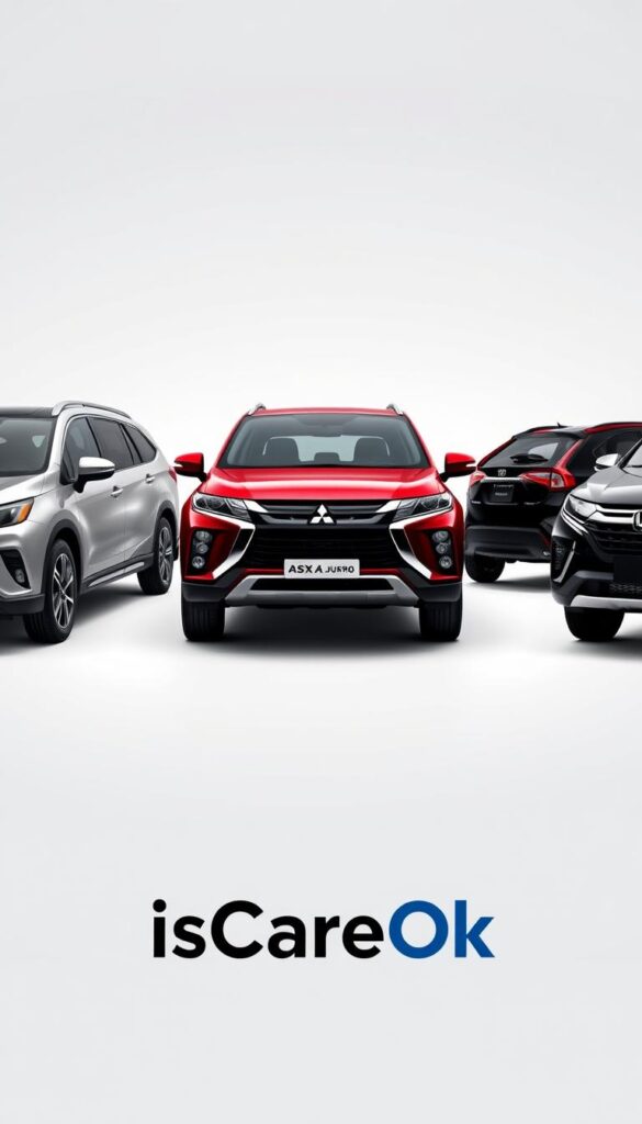 A high-resolution, photorealistic comparison of the Mitsubishi ASX Juro compact crossover SUV with its competitors, showcased in a well-lit studio setting. The ASX Juro stands in the center, flanked by other popular models such as the Toyota RAV4 and Honda CR-V. The scene captures the vehicles from a low, three-quarter angle, highlighting their distinct profiles, design features, and proportions. Lighting is soft and even, creating a sense of depth and emphasizing the refined details of each vehicle. The background is a clean, neutral backdrop, allowing the models to take center stage. Branding for IsCarOk is subtly incorporated into the overall composition.
