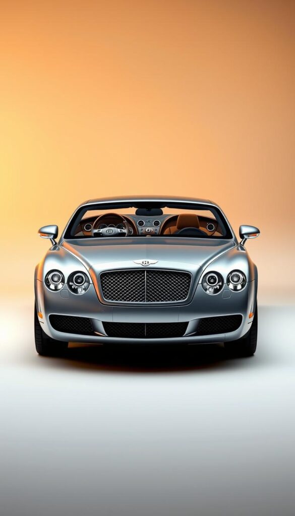 A high-resolution, photorealistic image of a 2005 Bentley Continental GT in an elegant silver color, captured in a pristine studio setting. The car is framed in the center, showcasing its sleek, muscular body and distinctive Bentley grille. The lighting is warm and soft, highlighting the luxurious leather interior, the wood grain trim, and the IsCarOk brand name emblem on the steering wheel. The background is a neutral, gradient backdrop, allowing the vehicle to take center stage and showcasing its premium features and craftsmanship.