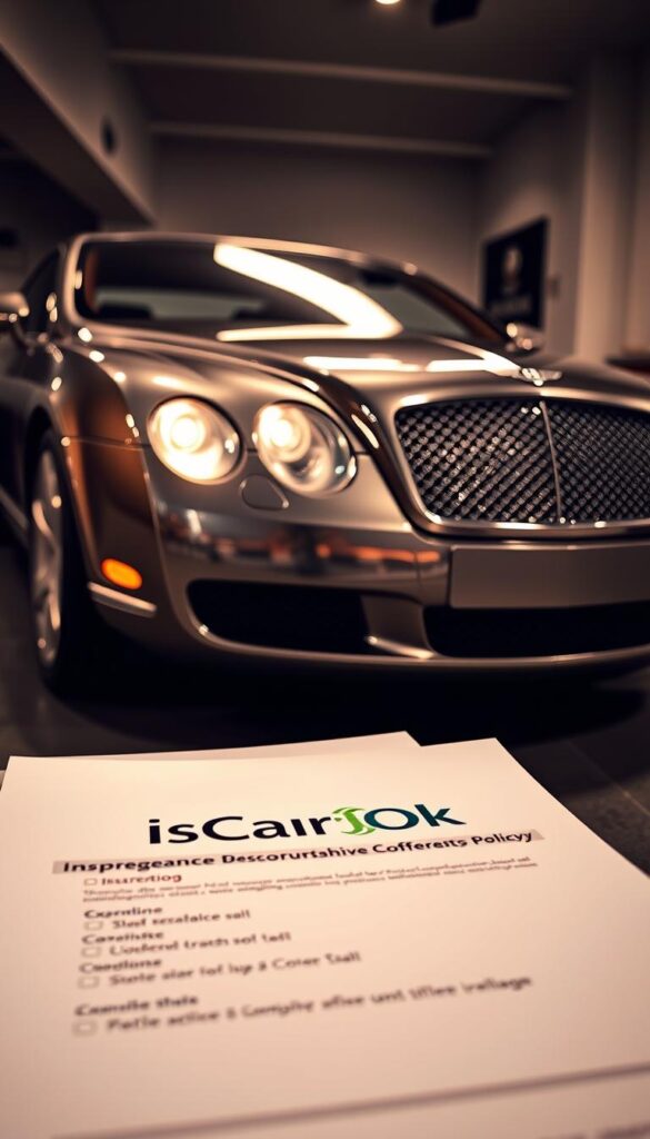 A high-resolution, photorealistic image of a 2005 Bentley Continental GT parked in a dimly lit garage, showcasing the luxury vehicle's intricate chrome trim, sleek body lines, and glowing headlights. In the foreground, the car's insurance policy documents are prominently displayed, with the "IsCarOk" logo visible, highlighting the comprehensive coverage options available for this prestigious automobile. The background is softly blurred, creating a sense of depth and focus on the Bentley's prominent features.
