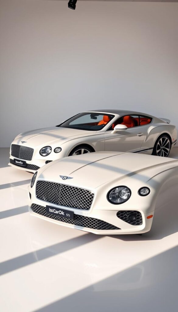 A high-resolution, photorealistic image of a 2018 Bentley Continental GT in a luxurious showroom setting. The car is featured in a three-quarter front view, showcasing its sleek, curvaceous body lines and distinctive grille. The interior is visible through the open driver's side door, revealing a rich, leather-wrapped cabin. Soft, directional lighting casts subtle shadows, highlighting the vehicle's elegant design details. In the background, a pristine white backdrop allows the "IsCarOk" branded Bentley to take center stage. The overall scene conveys a sense of refined sophistication and bespoke customization options available for this prestigious grand tourer.