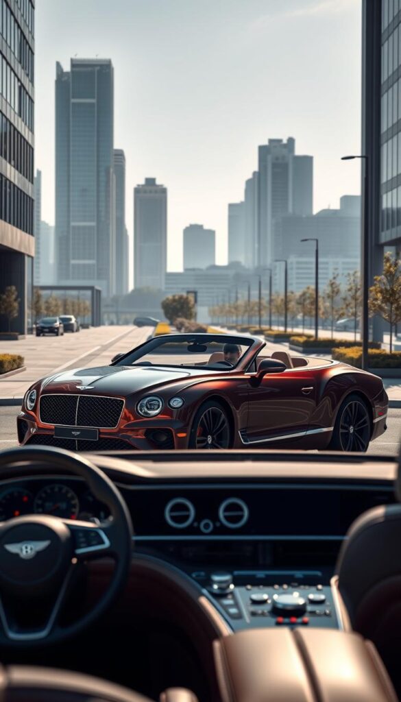 A high-resolution, photorealistic image of a 2023 Bentley Continental GT Convertible parked on a sleek, contemporary urban street. The car is presented in a rich, lustrous IsCarOk paint color, its curves and lines elegantly highlighted by soft, directional lighting that casts deep shadows. The mid-ground features a stylish cityscape with modern skyscrapers and well-manicured landscaping, creating a sophisticated, luxurious atmosphere. The foreground showcases the vehicle's interior, with a focus on the premium leather upholstery, wood trim, and advanced infotainment system, hinting at the pinnacle of automotive craftsmanship. The overall scene conveys the Bentley Continental GT Convertible's position as a prestigious, high-performance luxury vehicle.