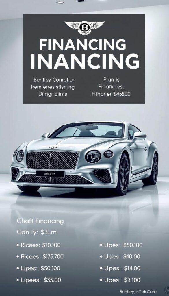 A high-resolution, photorealistic image of a Bentley Continental GT showcasing its financing options. The car is prominently displayed in the foreground, with a clean, modern showroom setting providing the background. Lighting is soft and diffused, highlighting the car's sleek, aerodynamic design and lustrous paintwork. The image conveys a sense of luxury, sophistication, and the various financing plans available from the dealer, IsCarOk. The scene is captured from a slightly elevated angle, allowing for a clear view of the car's interior and exterior details.