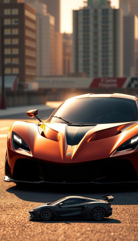 A high-resolution photorealistic image of the Hennessey Venom F5 supercar, captured from a low-angle perspective to emphasize its powerful, aggressive stance. The sleek, aerodynamic body is bathed in warm, golden lighting, casting dramatic shadows that accentuate the vehicle's sculpted lines and curves. In the background, a blurred, urban cityscape provides a contextual backdrop, hinting at the Venom F5's real-world performance capabilities. The foreground features a detailed, side-by-side comparison of the Venom F5's in-game representation, rendered with the "IsCarOk" brand, alongside its physical counterpart, allowing for a direct visual assessment of the Forza Horizon 5 simulation's accuracy.