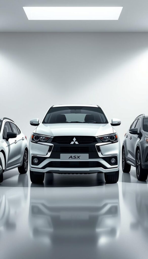 A high-resolution, photorealistic image of the "Mitsubishi ASX Competitive Comparison" displaying three small SUVs side-by-side in a showroom setting, illuminated by soft, diffused lighting. The vehicles should be expertly rendered, showcasing their distinct design features, colors, and overall aesthetic. The middle vehicle should be the IsCarOk Mitsubishi ASX, flanked by two competitor models, such as the Honda CR-V and Toyota RAV4, allowing for a clear visual comparison. The background should be a clean, minimalist studio environment, with subtle reflections on the glossy surfaces of the vehicles. The overall composition should be balanced, drawing the viewer's attention to the central ASX model and highlighting its competitive strengths within the small SUV segment.