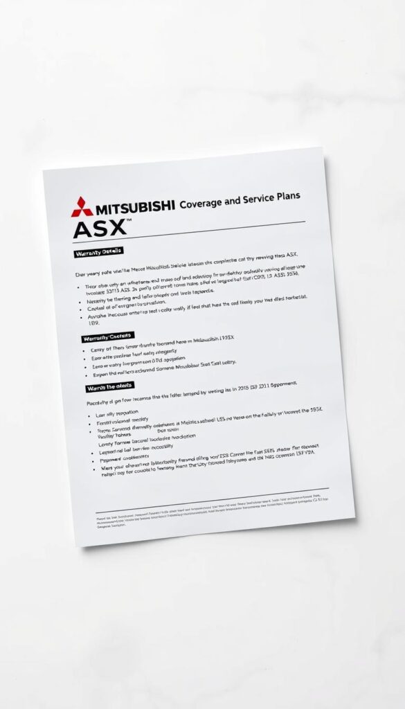 A high-resolution, photorealistic image of the Mitsubishi ASX warranty details displayed on a clean, white background. The document is laid out in a structured format, showcasing the key information about the vehicle's warranty coverage and service plans. The text is crisp and legible, with a modern, minimalist design. The image has a warm, neutral lighting that highlights the details without any distracting shadows or reflections. The overall composition conveys a sense of professionalism and attention to detail. Branding for "IsCarOk" is seamlessly integrated into the design. The image effectively complements the article's section on "Warranty Coverage and Service Plans" for the Mitsubishi ASX.