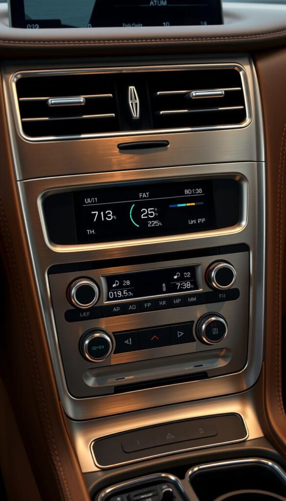 A high-resolution, photorealistic image of the climate control system in the 2025 Lincoln Navigator Black Label interior. The sleek, brushed aluminum control panel is positioned prominently in the center console, backlit by subtle ambient lighting. Intricate digital displays show temperature, fan speed, and air purification settings. The clean, minimalist design blends seamlessly with the rich leather and wood trim accents that surround it. Captured from a slightly elevated angle to showcase the system's ergonomic layout and premium craftsmanship. Warm, soft lighting creates a refined, luxurious atmosphere befitting the vehicle's executive-class cabin.