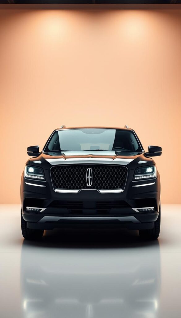 A high-resolution, photorealistic image of the latest Lincoln Navigator's safety technology features, showcased in a sleek, modern studio setting. The foreground depicts the Navigator's advanced driver-assistance systems, including adaptive cruise control, lane-keeping assist, and automatic emergency braking, all rendered in intricate detail. The middle ground highlights the vehicle's front-facing camera, radar, and sensor arrays, seamlessly integrated into the elegant exterior design. The background portrays a minimalist, well-lit environment, emphasizing the Navigator's refined, high-tech aesthetic. Warm, directional lighting accentuates the model's smooth lines and premium materials, conveying a sense of luxury and sophistication.