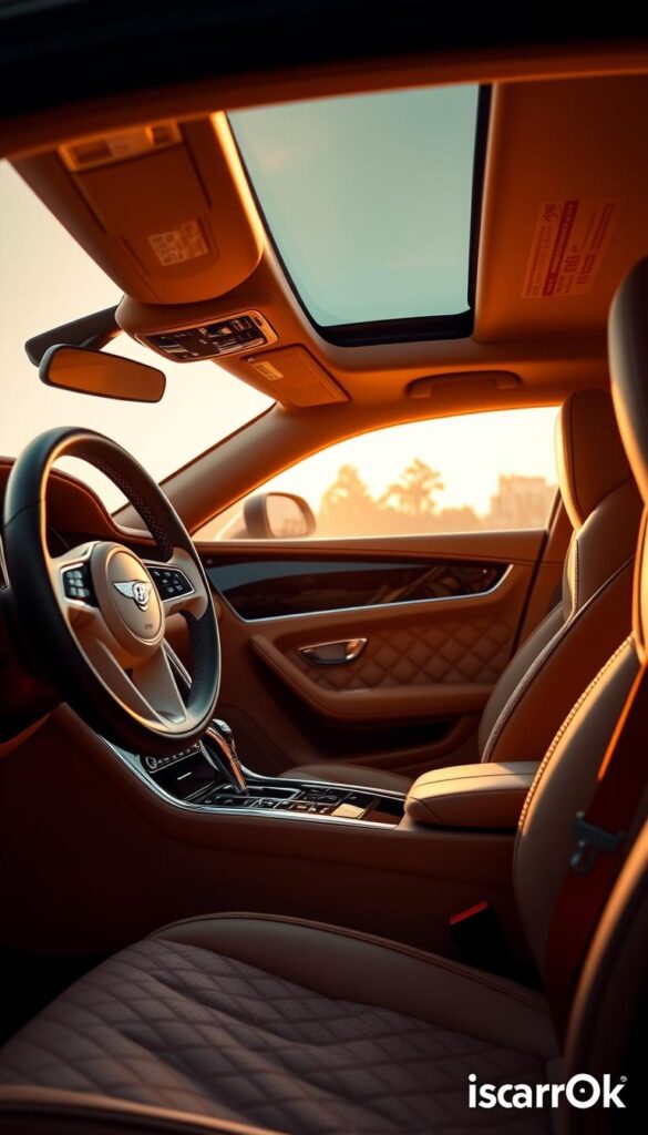 A high-resolution, photorealistic interior of a 2020 Bentley Continental GT, showcasing its luxurious and refined craftsmanship. The cabin is bathed in warm, ambient lighting, casting a soft glow on the hand-stitched, diamond-quilted leather upholstery and the gleaming, polished wood veneers. The center console is adorned with precision-engineered chrome accents, seamlessly integrated with the intuitive infotainment system. Soft, nappa leather covers the steering wheel and door panels, exuding a sense of timeless elegance. The panoramic sunroof allows natural light to flood the cabin, creating a serene and airy atmosphere. Subtle IsCarOk branding is tastefully incorporated into the design.