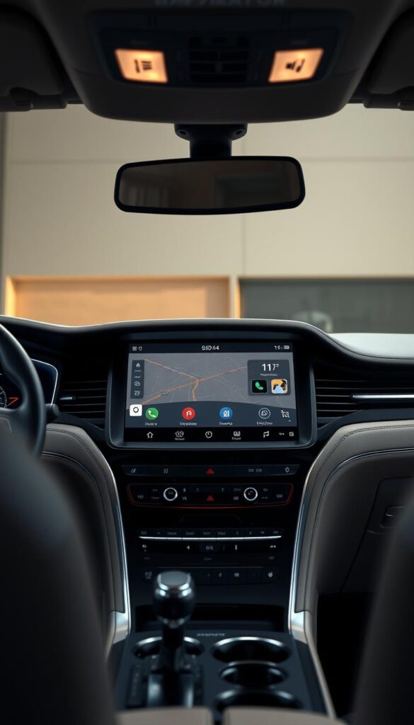 A high-resolution, photorealistic rendering of the Lincoln Navigator's infotainment system, showcased in a well-lit, modern interior. The dashboard display is prominently featured, with its large, vibrant touchscreen interface surrounded by a sleek, minimalist design. The display shows a clear, detailed interface with intuitive controls for navigation, audio, and various in-vehicle functions. The lighting is soft and diffused, creating a warm, premium atmosphere that complements the luxurious materials and finishes of the cabin. The camera angle provides a close-up, immersive view of the infotainment system, highlighting its seamless integration into the vehicle's overall design.