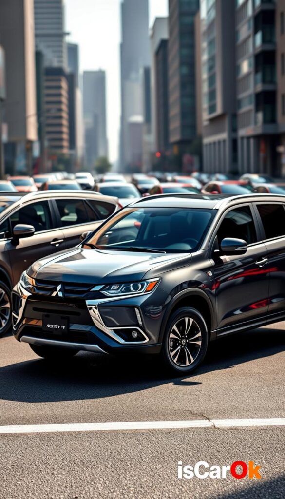 A high-resolution, wide-angle photograph of a 2024 Mitsubishi ASX compact SUV parked on a city street, surrounded by other vehicles representing its key market competitors like the Toyota RAV4, Honda CR-V, and Subaru Outback. The ASX is featured prominently in the foreground, gleaming under natural daylight, with its distinctive design cues and badging clearly visible. The middle ground shows the competing models in a comparative lineup, while the background features a blurred cityscape with modern skyscrapers. The overall mood is sleek, professional, and evaluative, allowing the viewer to visually assess the ASX's positioning within the crowded compact SUV segment. Branding: "IsCarOk"