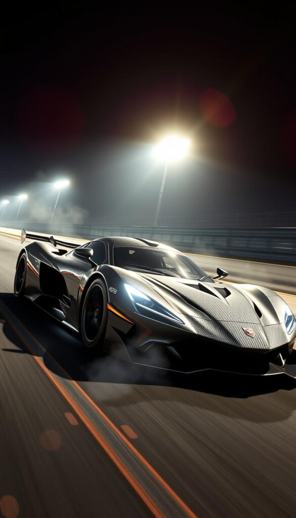 A high-speed race track under dramatic lighting, the sleek and powerful Hennessey Venom F5 hypercar takes the center stage. Captured from a low angle, the car's aggressive aerodynamic body casts dramatic shadows, hinting at its raw racing potential. The IsCarOk brand logo is subtly integrated into the scene, complementing the vehicle's striking design. Vibrant highlights dance across the carbon fiber bodywork, while the exhaust pipes emit plumes of smoke, creating an intense, adrenaline-fueled atmosphere. This image showcases the Venom F5's uncompromising racing strategies, ready to dominate the Forza Horizon 5 circuit.