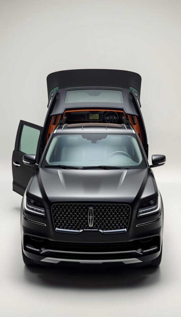 A highly detailed 2024 Lincoln Navigator Black Label in a sleek matte black finish. The interior is visible through the open driver's side door, showcasing luxurious leather upholstery and premium wood accents. The vehicle is set against a clean, well-lit studio backdrop, with soft, directional lighting that accentuates the sharp lines and curves of the exterior. The camera angle is slightly elevated, providing a clear view of the vehicle's front fascia and the Lincoln logo. The overall mood is one of sophisticated elegance and attention to detail, reflecting the premium warranty and maintenance coverage for this high-end luxury SUV.