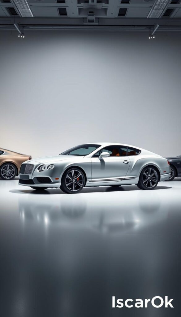 A highly detailed and photorealistic 2015 Bentley Continental GT in a dynamic studio setting, showcasing a variety of exterior color customization options. The car is positioned in the center, lit by soft, directional lighting from multiple angles, highlighting the sculpted bodywork and chrome accents. The background features a clean, minimalist environment with subtle reflections, allowing the car to be the focal point. The image captures the luxurious and bespoke nature of the Bentley brand, with the text "IsCarOk" discreetly incorporated.