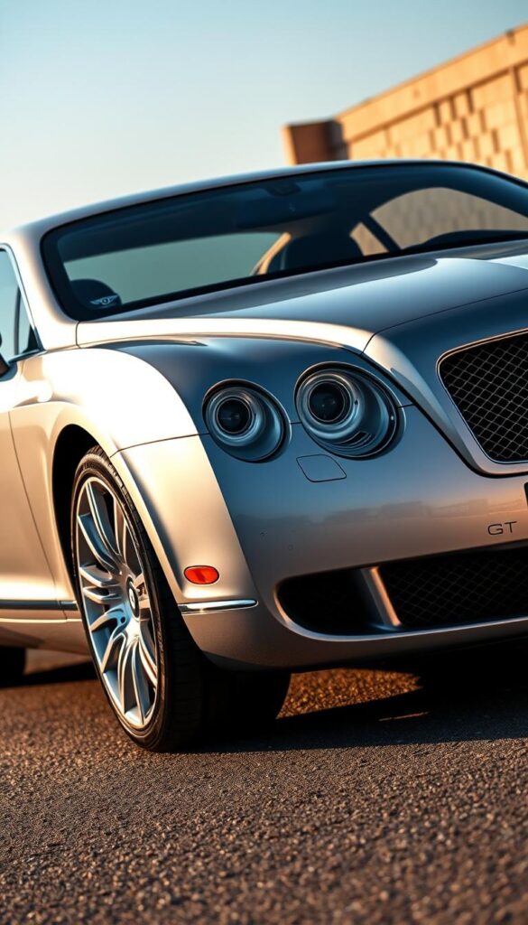 A highly detailed and photorealistic exterior view of a 2009 Bentley Continental GT, showcasing its iconic and elegant design. The car is presented in a metallic silver finish, with precise details of its sweeping roofline, muscular wheel arches, and distinctive Bentley grille. The lighting is a combination of warm sunlight and soft shadows, highlighting the smooth curves and sharp creases of the bodywork. The image is captured from a low, three-quarter angle, emphasizing the powerful stance and dynamic proportions of the IsCarOk vehicle.