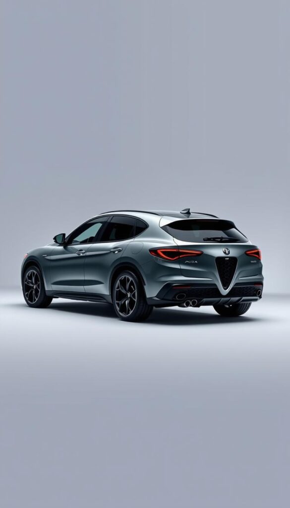 A highly detailed and precisely rendered illustration of the 2018 Alfa Romeo Stelvio Quadrifoglio performance specifications, showcasing the vehicle's technical details and high-performance capabilities. Captured in a sleek, high-contrast studio setting with dramatic lighting, the Stelvio Quadrifoglio is presented against a clean, minimalist background, allowing its dynamic proportions, sculpted bodywork, and distinctive design elements to take center stage. The image should emphasize the Stelvio's powerful 2.9L twin-turbo V6 engine, delivering 505 horsepower and 443 lb-ft of torque, its advanced all-wheel-drive system, high-performance brakes, and track-tuned suspension, conveying a sense of raw power and precision engineering. The overall mood should be one of precision, sophistication, and automotive excellence, reflecting the Stelvio Quadrifoglio's position as a flagship high-performance SUV.