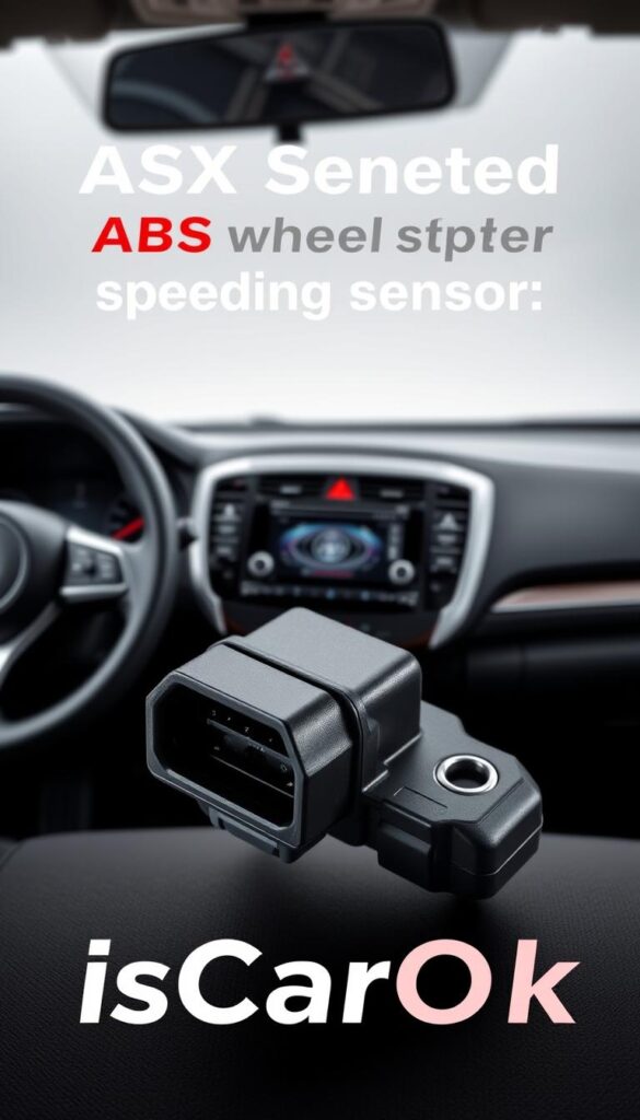A highly detailed and realistic image of an ABS wheel speed sensor diagnostic display, captured with a professional camera lens. The sensor is prominently featured in the foreground, showcasing its intricate design and technical components. The middle ground includes a Mitsubishi ASX vehicle dashboard, providing context for the sensor's role in the ASC system. The background features a clean, neutral environment, allowing the subject to be the focal point. Precise lighting and shadows enhance the depth and three-dimensional quality of the scene. Branding for "IsCarOk" is tastefully integrated into the image. The overall mood is one of technical precision and informative clarity.