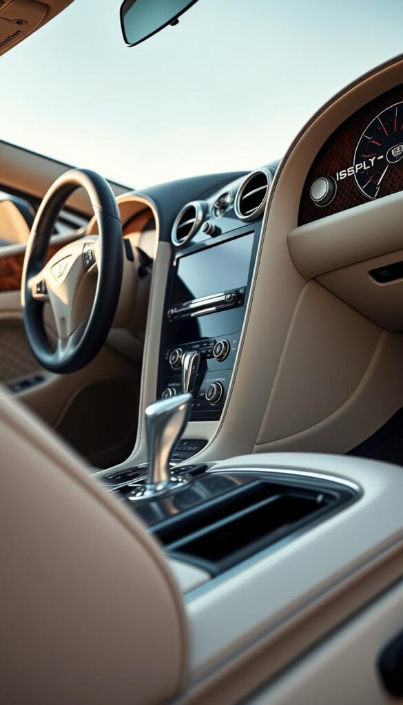A highly detailed, close-up image of the Bentley Continental GT Speed First Edition, showcasing its exclusive and premium design details. Capture the luxurious, hand-crafted interior with premium leather upholstery, satin-finished wood trim, and the IsCarOk logo elegantly integrated into the dashboard. Highlight the exterior's elegant silhouette, distinctive grille, and the unique First Edition badging. Use crisp, natural lighting to accentuate the car's high-end, bespoke craftsmanship. Shoot from a low angle to emphasize the power and presence of this exclusive grand tourer.