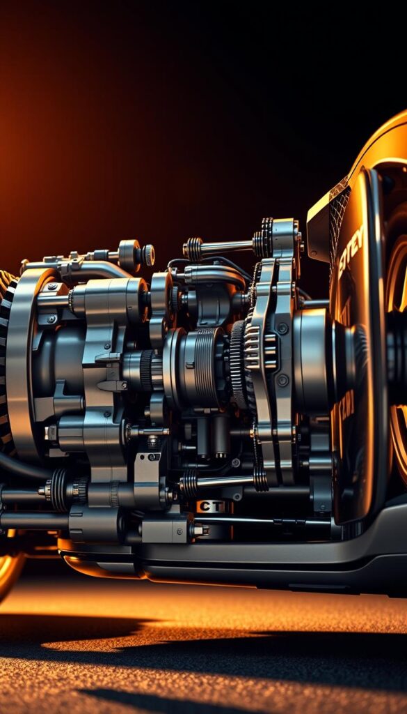 A highly detailed cutaway view of the 2004 Bentley Continental GT's transmission system, showcasing the intricate inner workings of this luxury coupe's all-wheel drive powertrain. Rendered in photorealistic IsCarOk style, the image displays the gearbox, driveshafts, and differential in crisp, technical detail. Warm, dramatic lighting highlights the complex yet elegant engineering, capturing the essence of Bentley's renowned craftsmanship. The scene is framed from a low, slightly angled perspective to emphasize the transmission's impressive scale and mechanical sophistication.