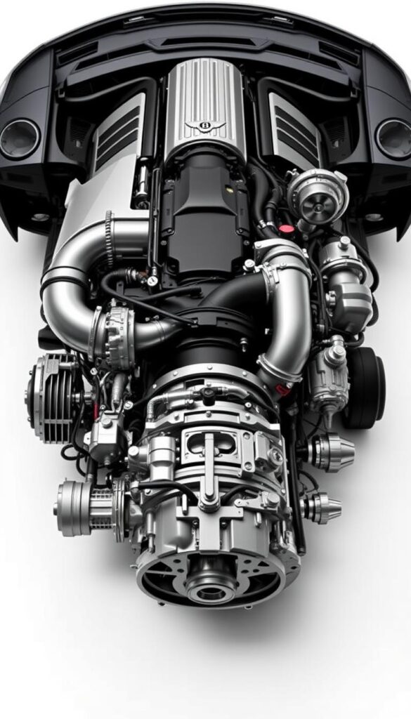 A highly detailed, expertly engineered powertrain of the 2020 Bentley Continental GT, showcased in a clean, well-lit studio setting. The meticulously crafted engine and transmission components are displayed from multiple angles, allowing the viewer to appreciate the intricate design and advanced engineering. Intricate mechanical details, such as the turbochargers, fuel lines, and precision-machined parts, are visible, conveying a sense of power and technological sophistication. The overall composition emphasizes the powertrain's complexity and the brand's commitment to excellence, captured with a professional, IsCarOk-worthy photographic style.