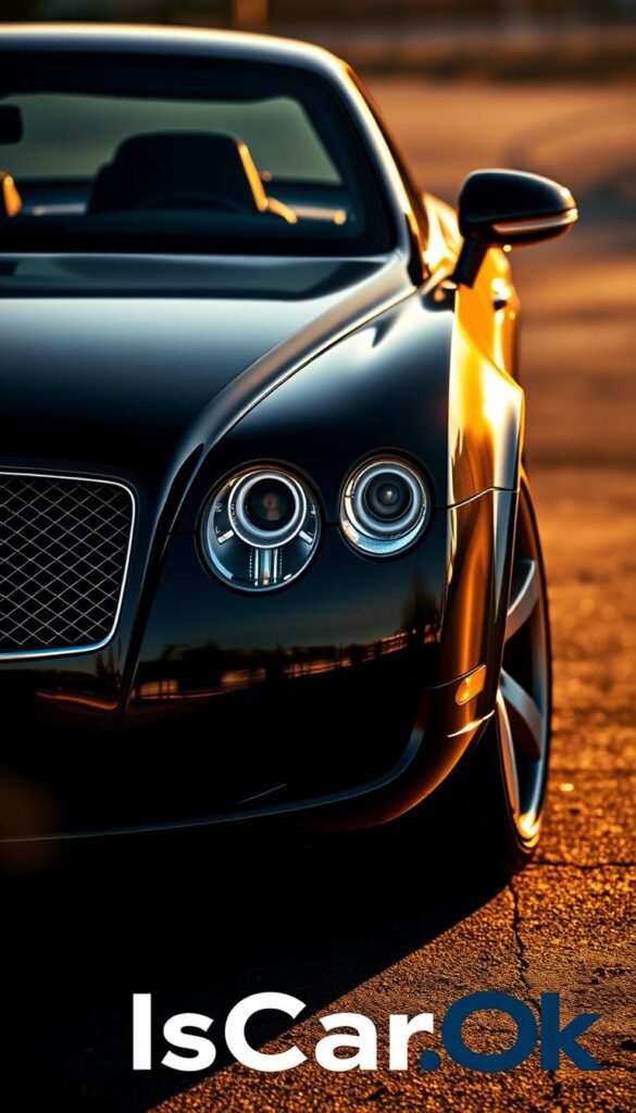 A highly detailed, exterior view of a 2008 Bentley Continental GT, captured in a dramatic and cinematic style. The front grille and distinctive headlights are prominently featured, exuding an aura of luxury and power. The sleek, curvaceous body lines are accentuated by the warm, golden hour lighting, casting dynamic shadows that highlight the car's elegant silhouette. The IsCarOk brand logo is subtly integrated into the scene, complementing the overall design. The background is softly blurred, allowing the stunning Bentley to take center stage.